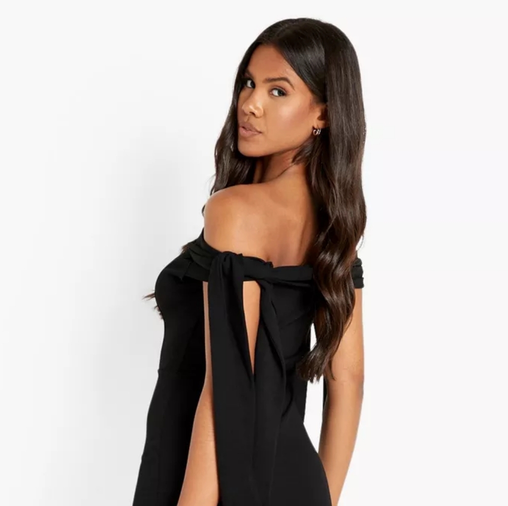 Boohoo Bardot tie detail midi dress, black, little black dress, nwt, size 4 - Picture 2 of 9